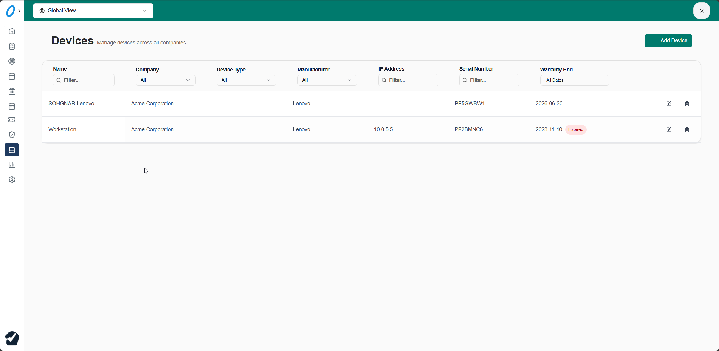 Devices screenshot